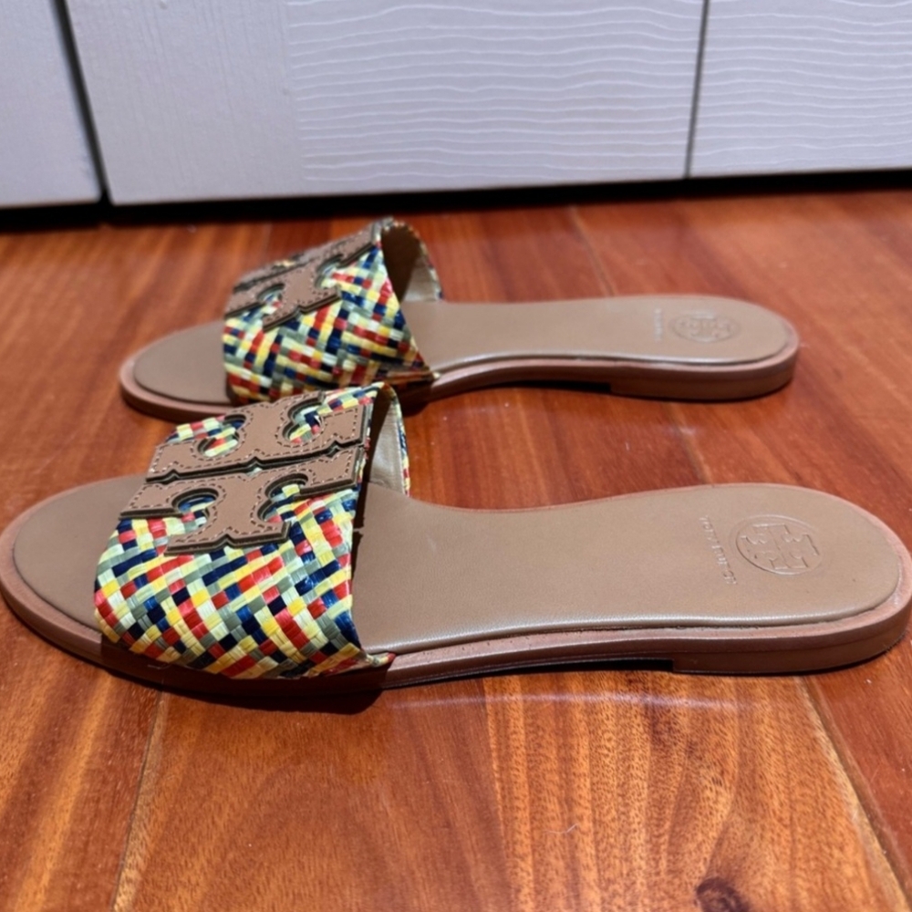 Tory Burch Rafia And Leather Ines Multicolor Slide Sandals 8 - Picture 3 of 9